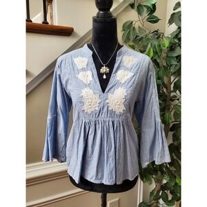 L.O.G.G Women's Blue Striped 100% Cotton V-Neck Long Sleeve Casual Top Blouse 2
